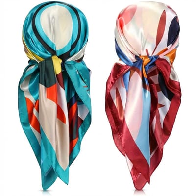 2 stuks bandana set – lichtblauwe bandana + rode bandana voor dames – satijnachtige vierkante bandana’s met abstract patroon – lichte hoofddoeken voor dagelijks gebruik