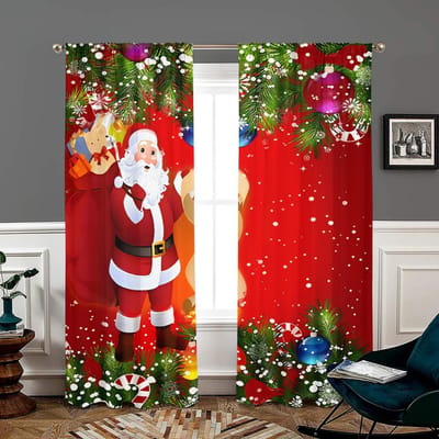 2 stuks, rood gordijn met kerstman - semi-verduisterend - geschikt voor woonkamer, slaapkamer, keuken, decoratie vakantiehuis W150CM H166CM&Rod pocket red
