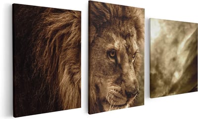 Artaza Canvas Schilderij Drieluik Leeuw - Leeuwenkop - 120x60 cm - Wanddecoratie Woonkamer - Schilderijen - Muurdecoratie