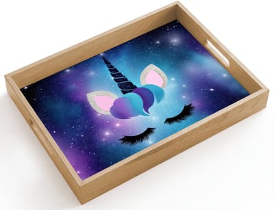 Dienblad hout 40x30 cm - Schootdienblad - Eenhoorn - Sterren - Blauw - Borrelplank rechthoek - Plateau dienbladen