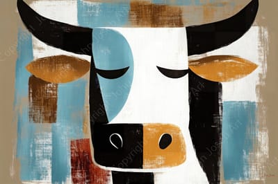 John Joseb Art (Aluminium) 120x80 | Koe, stier, abstract, kunst, minimalisme | Schotse Hooglander, dier, bruin, blauw, zwart, wit, modern | foto-schilderij op dibond, metaal wanddecoratie