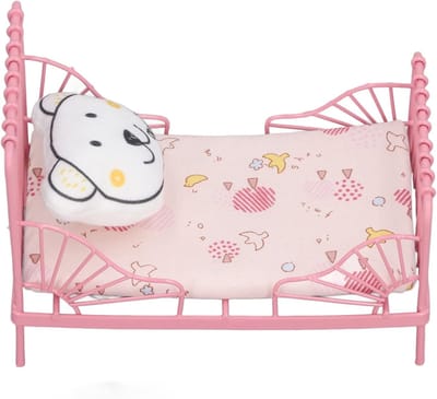 Poppenhuis Bed - Miniatuur Meubels - Poppenhuis Decoratie - Schaal 1:12 - 13 x 10 x 8 cm - Roze Patroon