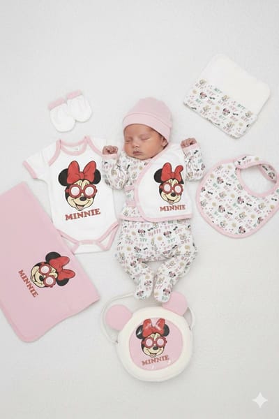 Disney Minnie mouse 10-delige baby newborn kledingset met handgemaakte speenkoord en Minnie mouse tas - Newborn set - Babykleding - Babyshower cadeau - Kraamcadeau