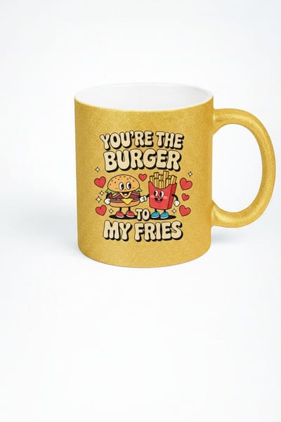 Gouden Glitter Mok 'Burger & Friet Liefde' - Romantisch Cadeau 'You're The Burger To My Fries