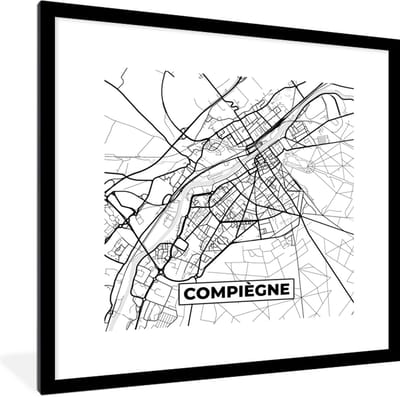 Fotolijst incl. Poster Zwart Wit- Compiègne - Kaart - Stadskaart - Frankrijk - Plattegrond - Zwart wit - 40x40 cm - Posterlijst