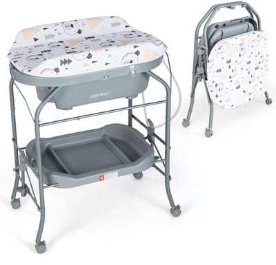 COSTWAY Baby Verschoontafel met Badkuip, Draagbaar Kinderdagverblijf Station met PVC Pad, Badkuip, Opbergbakje, Opvouwbaar Luier Verschoon Station met 4 Universele Wielen voor Pasgeboren Baby & Zuigeling