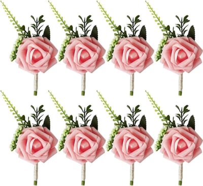 Bruiloft Boutonnieres - Rozen Bloemenstekers - Feestelijke Decoratie - Hoogwaardig Polyester - 8 Stuks - Wit