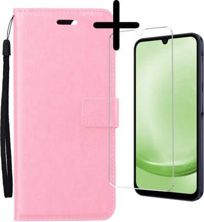 Hoesje Met Screenprotector - Geschikt voor Samsung Galaxy A25 - Luxe Pasjeshouder - Bookcase Portemonee - Flip Case - Kunstleer Book Case - Flipcase - Book Cover - Walletcase - Portemonneehoes - Lichtroze