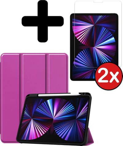 Hoesje - Geschikt voor Apple iPad Pro (2021) - 11 inch - 3e generatie - Met Screenprotector - Trifold Bookcase Hoes - Hard Cover Case - Met Uitsparing Geschikt voor Apple Pencil - Hardcover Book - Tablethoes - Paars