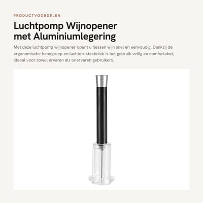 Dailygoods- Wijnopener Luchtdruktechniek - Flesopener Aluminiumlegering - Ergonomische Handgreep - Veiligheid & Comfort - Ideaal voor Bar/Café/Thuis - Kurkentrekker