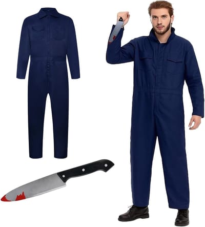Volwassen Halloween Kostuum met Jumpsuit en Nepmes voor Horror Cosplay en Carnaval