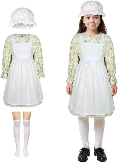 Middeleeuwse Meisjes Kostuum met Bloemenpatroon - 4-delig Maids Outfit voor Kinderen, Geschikt voor Halloween en Cosplay