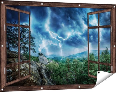 Gards Tuinposter Doorkijk Onweer in het Bos - Bliksem - 120x80 cm - Tuindoek - Tuindecoratie - Wanddecoratie buiten - Tuinschilderij
