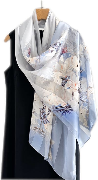Zijden Sjaal – Omslagdoek – Sjaal Dames – Bloemen – Blauw – 170cm