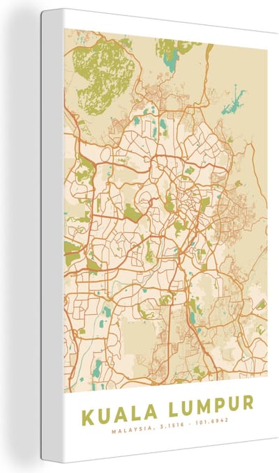 Canvas Schilderij Kaart - Kuala Lumpur - Stadskaart - Plattegrond - Vintage - 20x30 cm - Wanddecoratie