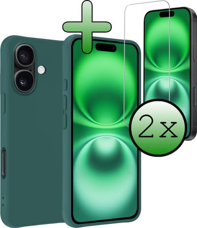 Hoesje Met 2x Screenprotector - Geschikt voor Apple iPhone 16 - Sterk & Shockproof - Back Cover - Siliconen Case - Telefoon Hoes - Donkergroen