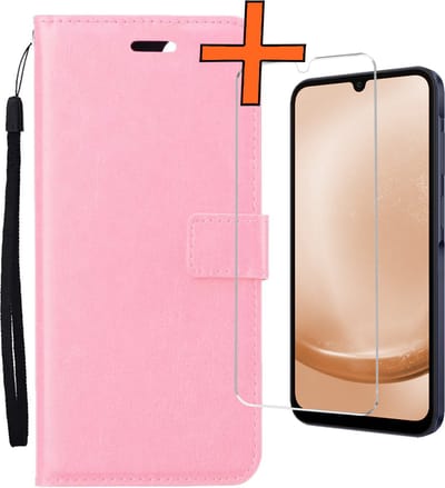 Hoes - Met Screenprotector - Geschikt voor Samsung Galaxy A25 - Luxe Pasjeshouder - Bookcase Portemonee - Flip Case - Kunstleer Book Case - Flipcase - Book Cover - Walletcase - PortemonneeHoes - Lichtroze