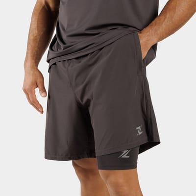 ZEUZ Heren 2-in-1 Sportshort – Fitness Short met Binnenbroek - Houtskool-grijs - S