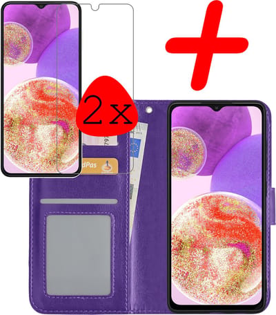 Hoesje Met 2x Screenprotector - Geschikt voor Samsung Galaxy A23 - Luxe Pasjeshouder - Bookcase Portemonee - Flip Case - Kunstleer Book Case - Flipcase Hoes - Book Cover - Walletcase - Portemonneehoes - Paars