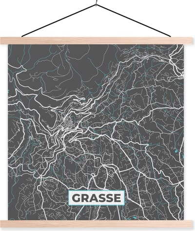 Posterhanger incl. Poster 40x40 cm - Schoolplaat - Grasse - Frankrijk - Plattegrond - Stadskaart - Kaart - Textielposter - Blanke latten - Stadskaart