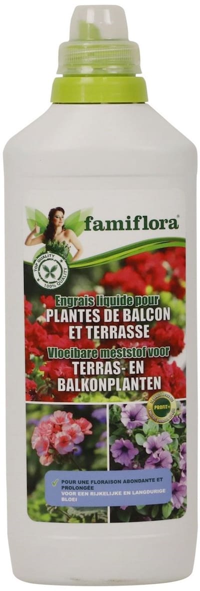 Famiflora vloeibare meststof voor terras- en balkonplanten - 1 L - Rijkelijke en langdurige bloei voor balkon en terras - Stimuleert sterke wortels en gezonde groei bij alle planten
