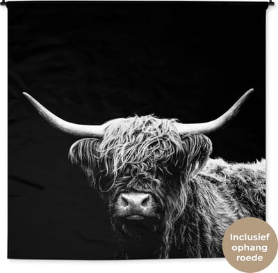 Wandkleed - Wanddoek - Schotse Hooglander - Koe - Zwart - Wit - Dieren - 180x180 cm - Wandtapijt