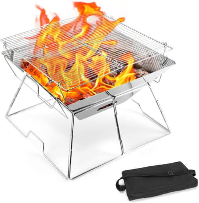Draagbare BBQ vuurschaal voor kamperen, picknick en tuin - RVS barbecue met opbergtas (43 x 43 x 31 cm)