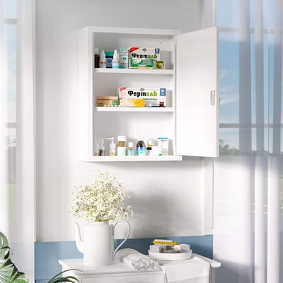 MODFU Medicijnkast - Afsluitbaar Met 2 Sleutels - Wandmontage - Staal - Wit - 40 X 15 X 53,5 Cm