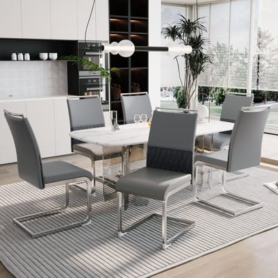 Sweiko 6-delige Eetkamerstoel set, PU Synthetisch Leer en Linnen Rugleuning, Hoge rugleuning kussen zijstoel, kruisgestreepte rugleuning ontwerp voor eten, keuken en hotel stoelen, Grijs(excl. tafel)