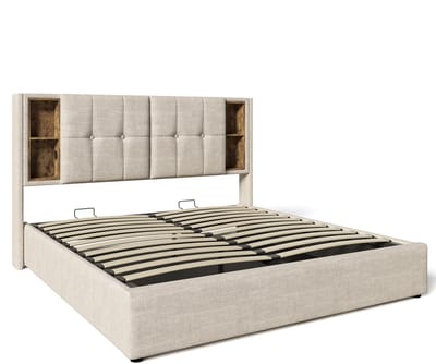 COVREO Bedframe 160x200 cm natuurlijk stof, opbergruimte, zonder matras
