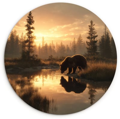 WallCircle® Wandcirkel 90x90 cm - Muurcirkel Beer - water - Bos - Ochtendlicht - Muurdecoratie woonkamer - Wanddecoratie slaapkamer - Kamer decoratie accessoires - Ronde schilderijen