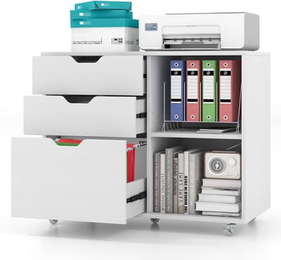 COSTWAY Rolcontainer met 3 laden, archiefkast met wielen en open vakken, printerstandaard, kantoorkast voor documenten in DIN A4, letterformaat, legaal formaat (wit)
