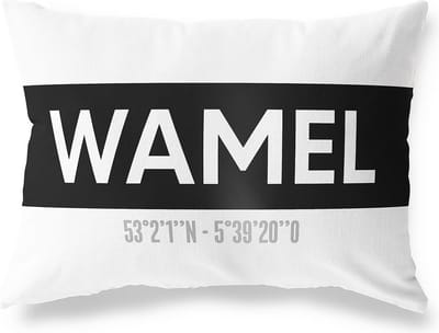 Tuinkussen WAMEL - GELDERLAND met coördinaten - Buitenkussen - Bootkussen - Weerbestendig - Jouw Plaats - Studio216 - Modern - Zwart-Wit - 50x30cm