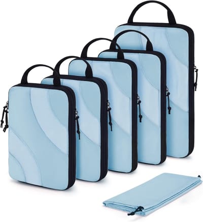 Famanu – Compressie packing cubes set 6-delig - uitbreidbare kofferorganizer en compressie kledingtassen voor reizen en vakantie - hemelsblauw