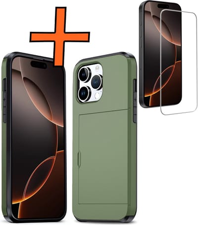 Hoesje Geschikt voor iPhone 16 Pro Hoesje Pasjeshouder Shockproof Hard Case Met Screenprotector - Hoesje Geschikt voor iPhone 16 Pro Hoes Met Kaarthouder - Donkergroen