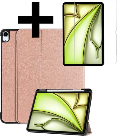 Hoes - Geschikt voor Apple iPad Air (2024/2025/2026) - 11 inch - Met Screenprotector - Trifold Bookcase - Hard Cover Case - Met Uitsparing Geschikt voor Apple Pencil - Hardcover Book - Tablet Hoesje - Rosé goud