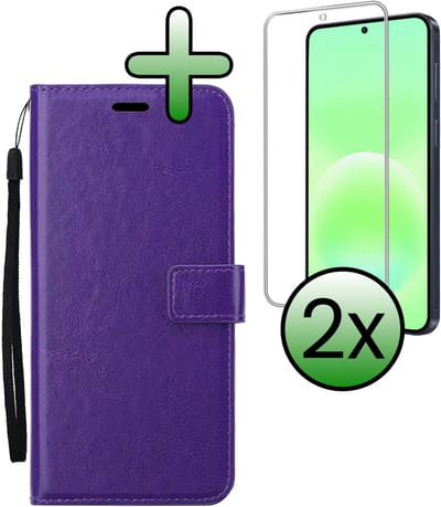 Hoesje Met 2x Screenprotector - Geschikt voor Samsung Galaxy A57 - Luxe Pasjeshouder - Bookcase Portemonee - Flip Case - Kunstleer Book Case - Flipcase Hoes - Book Cover - Walletcase - Portemonneehoes - Paars