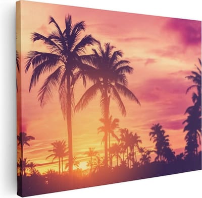 Artaza Canvas Schilderij Zonsondergang Strand - 40x30 cm - Klein - Wanddecoratie Palmboom - Muurdecoratie Zee - Kamer Accessoires