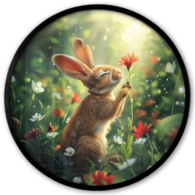 Poster in lijst Rond - Fotolijst 40x40 cm - Posters - Konijn - Dieren - Bloemen - Natuur - Ronde posterlijst zwart - Decoratie - Wanddecoratie woonkamer - Muurdecoratie slaapkamer