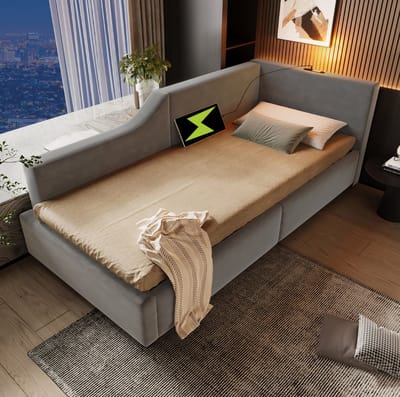 MEUNIQ daybed slaapbank 90x190 cm met hydraulische opbergruimte, leeslamp, USB-C en lattenbodem, eenpersoons bedframe in grijs velours voor slaapkamer of kinderkamer