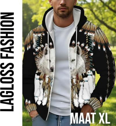 LaGloss® Heren Wolf Print Hoodie Vest Zwart– Fleece Gevoerd Zip-Up Jack met Capuchon, Tribale Wolfpatronen, Zakken & Trekkoord – Warme Wintervest voor Herfst/Winter– Maat XL