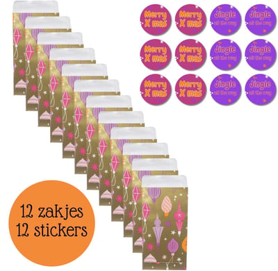 12 x Kerst cadeauzakjes 7 x 13 cm - 12 stickers 4cm - Kerstballen - Goud - Roze - Paars