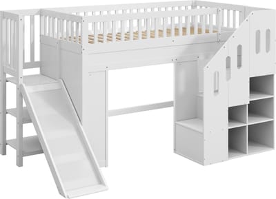 Hoogslaper - Kinderbed - Stapelbed - Met Glijbaan - Opbergtrap - Uitvalbeveiliging - LED Verlichting - Kinderkamer - 90x200 cm - Wit