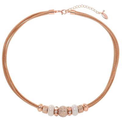 Behave Korte ketting rose kleur van waxkoord 45 cm lengte met metalen kralen + kristal stenen + 7,5cm verlengketting