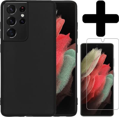 Hoesje - Met Screenprotector - Geschikt voor Samsung Galaxy S21 Ultra - Sterk & Shockproof - Telefoon Hoes - Back Cover - Siliconen Case - Telefoonhoes - Zwart
