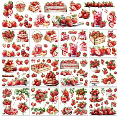 Solidchoice- Transferstickers Aardbeien - Raamdecoratie Fruitthema - Decoratiebehoeften - 12 Vellen - 12 x 13 cm - Voor Thuis/School/Feest - Wanddecoratie