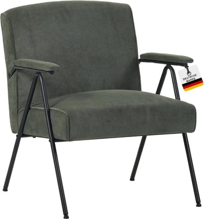 Albatros design vintage fauteuil Stanford, bekleding van hoogwaardige koordstof in Groen, zeer comfortabele verende kern, relaxfauteuil loungestoel voor in de woonkamer, slaapkamer of als tv-fauteuil