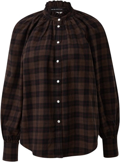 Ruitjesblouse met raglanmouwen en volant bij de hoge kraag dames QS