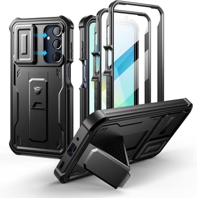 Zware Schokbestendige Hoes voor Samsung Galaxy A16 met Ingebouwde Camera Cover, Schermbeschermer en Kickstand, Volledige Bescherming en Bumper Design in Zwart