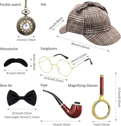 7-delige Detective Kostuum Accessoire Set met Hoed, Bril, Valse Snor en Vergrootglas voor Carnavals- en Cosplayfeesten